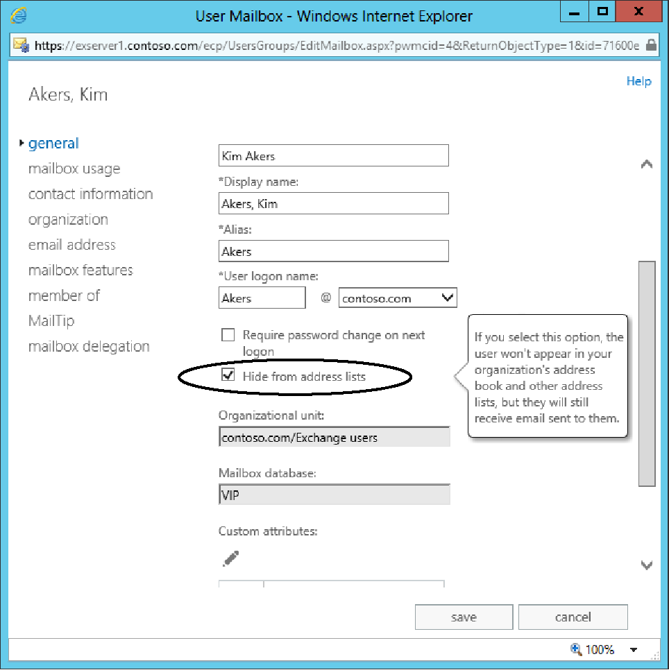 A screen shot taken when editing mailbox properties through EAC, showing a mailbox in which the Hide From Address Lists check box is selected. Exchange will no longer show this mailbox in the GAL or any other address list, so it won’t appear in the OAB either.