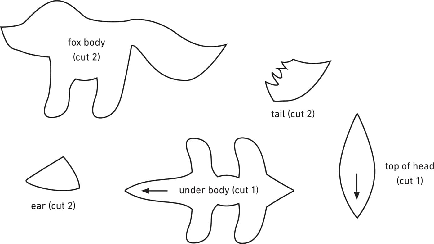 fox body (cut 2) tail (cut 2) ear (cut 2) under body (cut 1) top of head (cut 1)