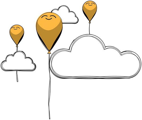 Image of three balloons with smiling face, floating in the clouds. 