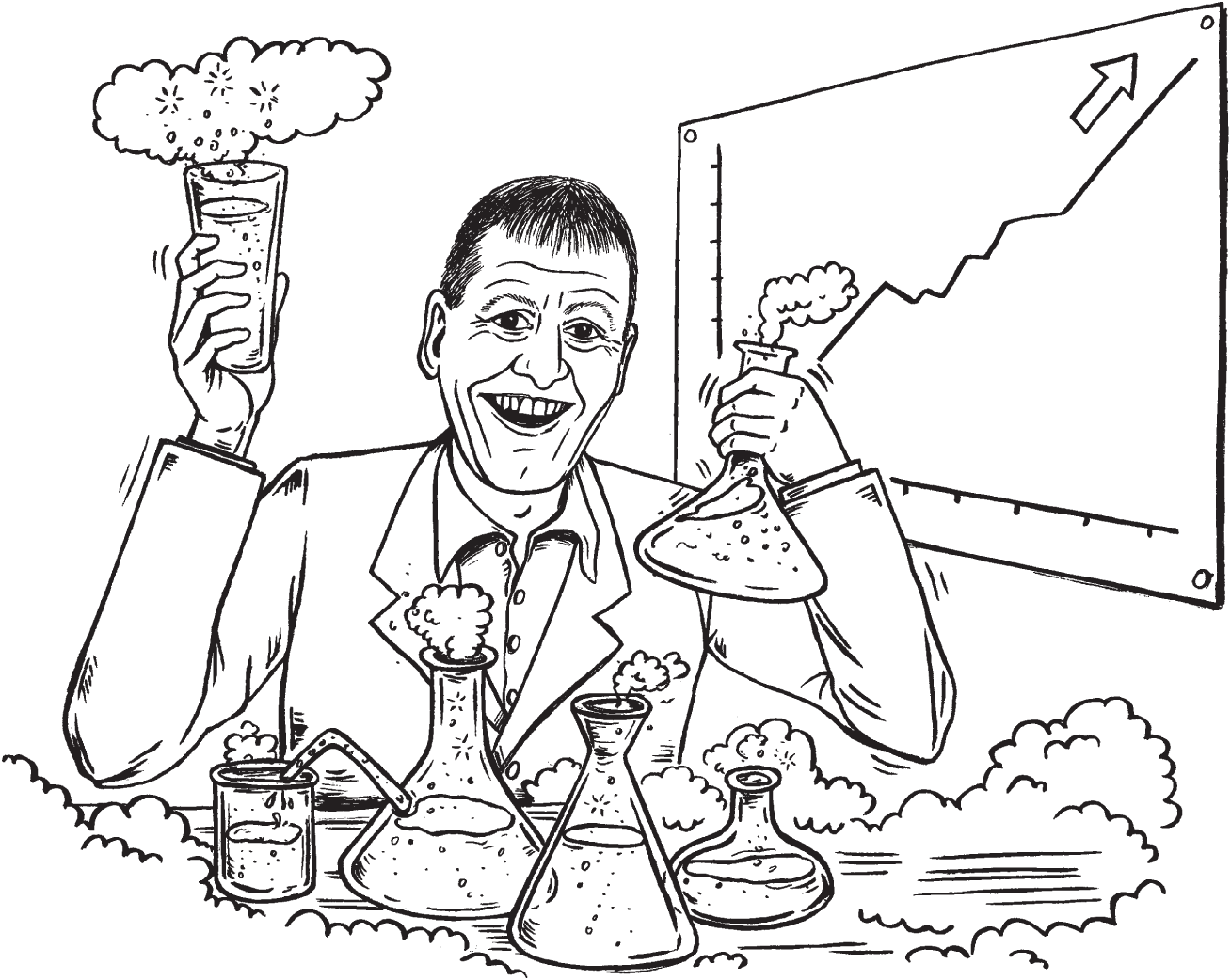 Image of a man with beakers in his hands and in front of him, performing an experiment, and a chart displaying a graph with an upward arrow, fixed on the wall.