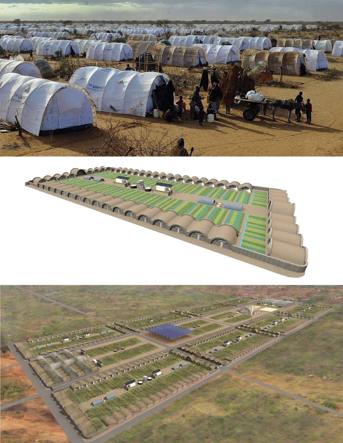 13.1 (a, top) Disaster relief tents donated every three years to the same families do not provide a permanent infrastructure. (b, middle) The home starts off as a steel vault with canvas sides, and upgrades to a permanent dwelling with locally made soil cement block walls and earth-sheltered roof to keep cool in summer. (c, bottom) Replacing tents to create permanent settlement.