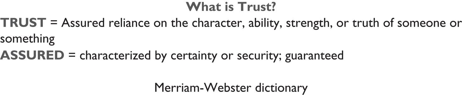 An illustration depicts the definition of trust and assurance in the Merriam Webster dictionary.