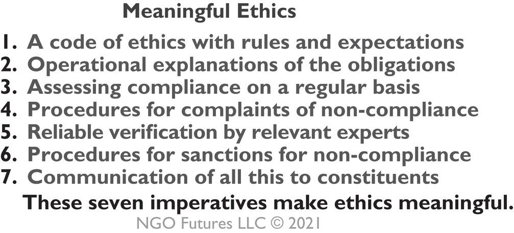 An illustration depicts the seven factors that define meaningful ethics.