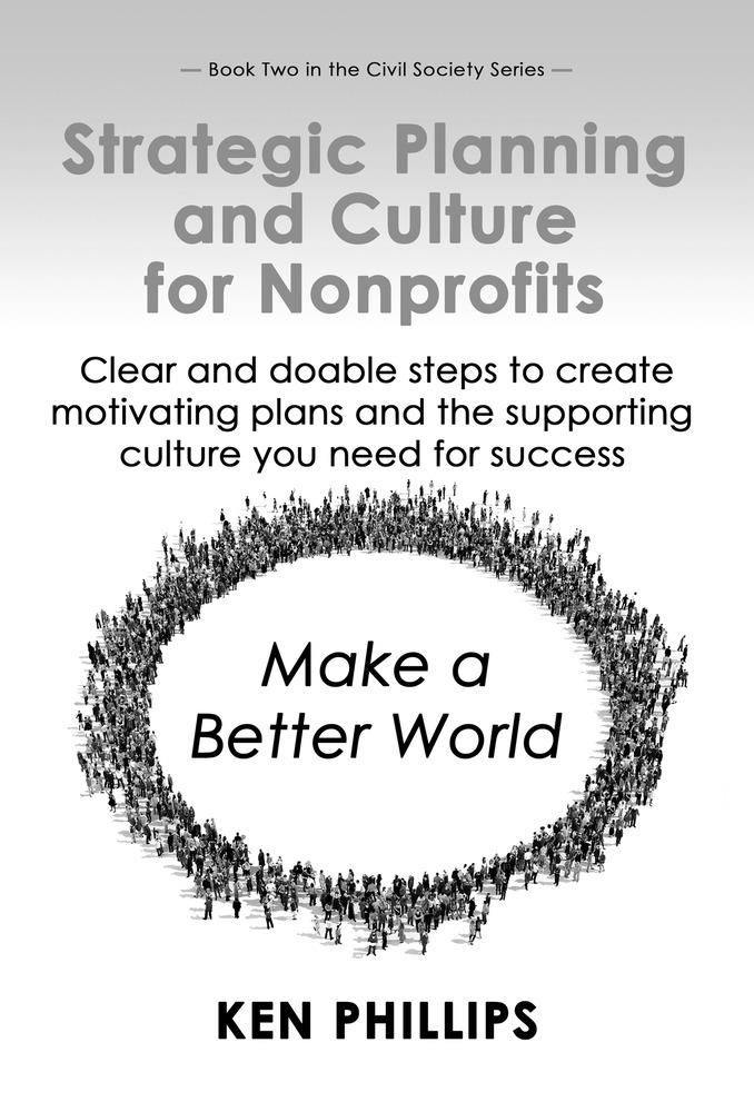 A book covers labeled 'Strategic planning and culture for non-profits' by Ken Phillips.