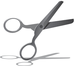 An icon of metallic scissors is shown against black background.