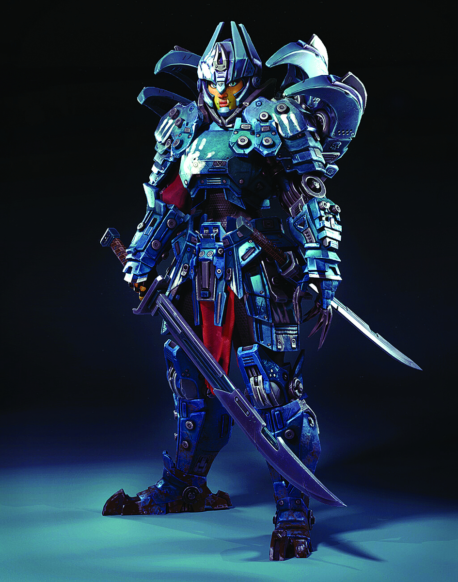 A three dimensional model of an armed gaming character with a giant sword in his or her right hand and a smaller sword tucked in his or her waist.