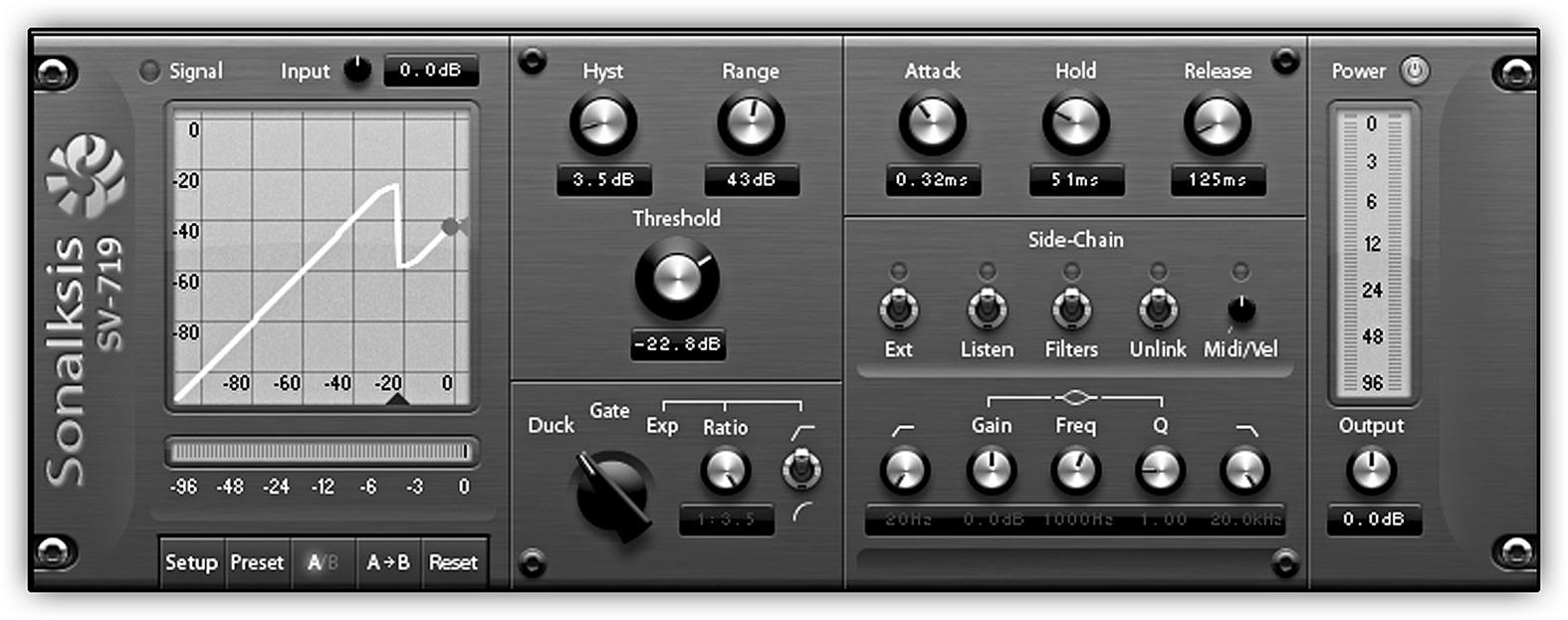 The Sonalksis SV-719 plugin shows controls for input, hyst, range, threshold, attack, hold, release, side-chain, gain, frequency, Q, LF, HF, and output.