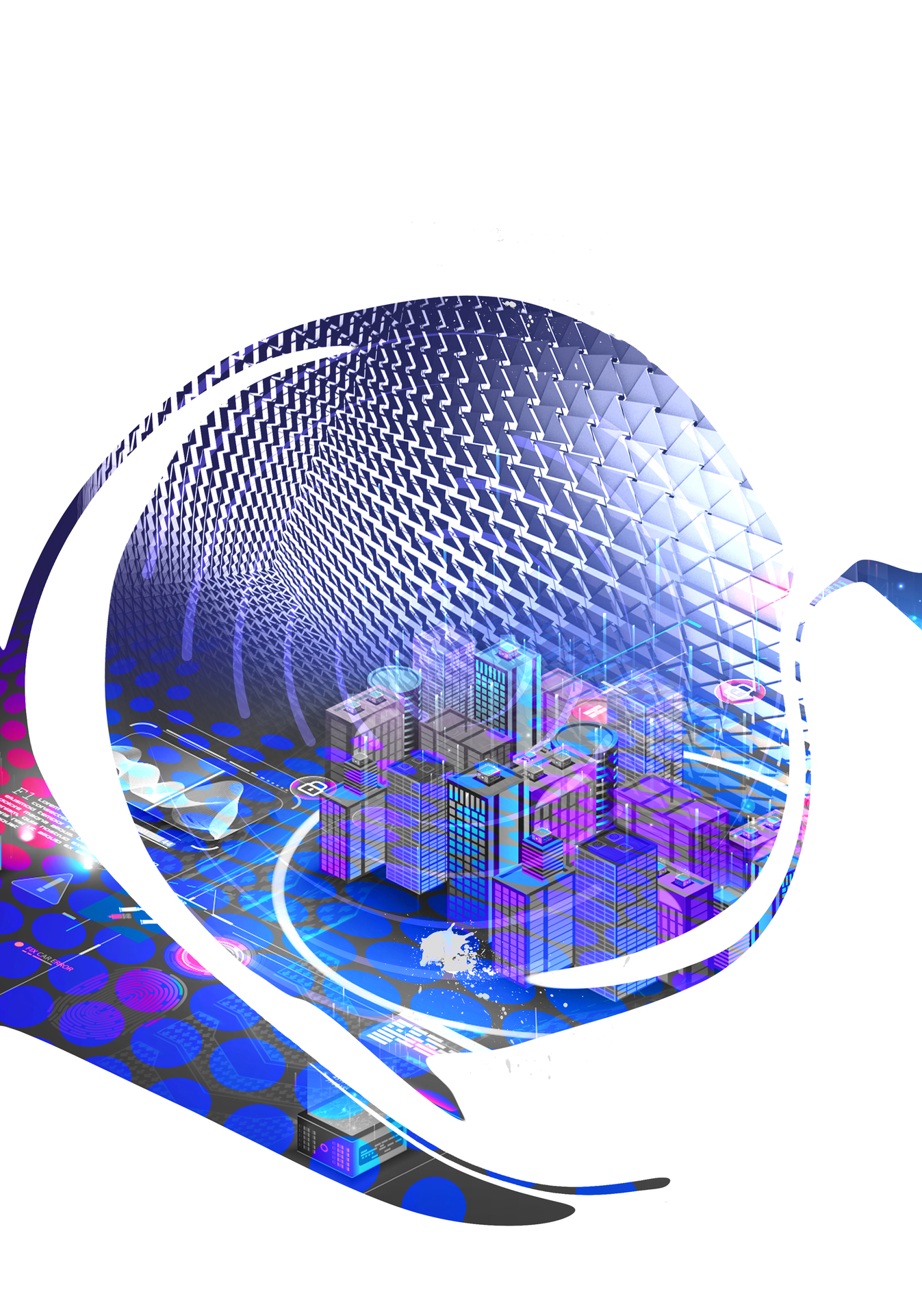 A digital representation of a collection of buildings inside a transparent sphere.