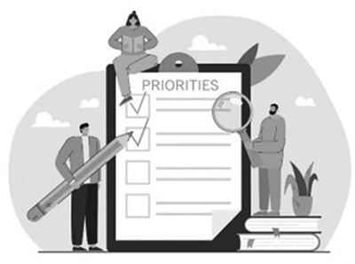 Three people check off a list of priorities on a notepad. A person stands on the books and uses magnifying glasses for the topmost priority. Another person is holding a pencil and enabling checkboxes of priorities. Another person is sitting on the top of the notepad.