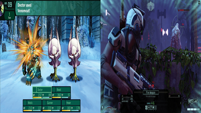 A fight scene from Etrian Odyssey 2 on the left and a character about to fire on an alien in XCOM 2