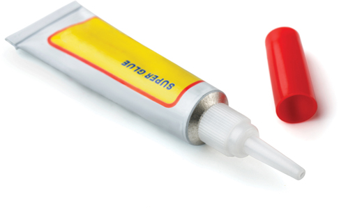 A Super Glue tube with a cap is shown as an example of a polymer adhesive.