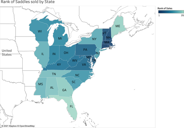 Bike accessory sales shown by a choropleth map