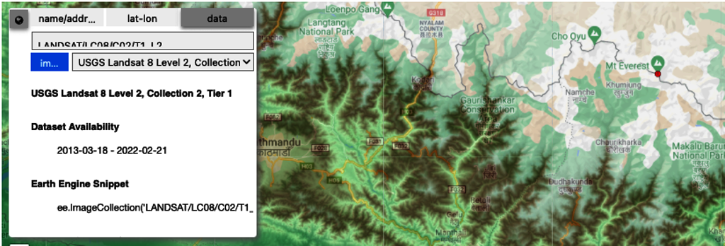 Searching location data using GEE asset ID (Landsat/LC08/C01) in the import window