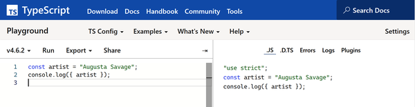 TypeScript Playground compiling TypeScript code into equivalent JavaScript.