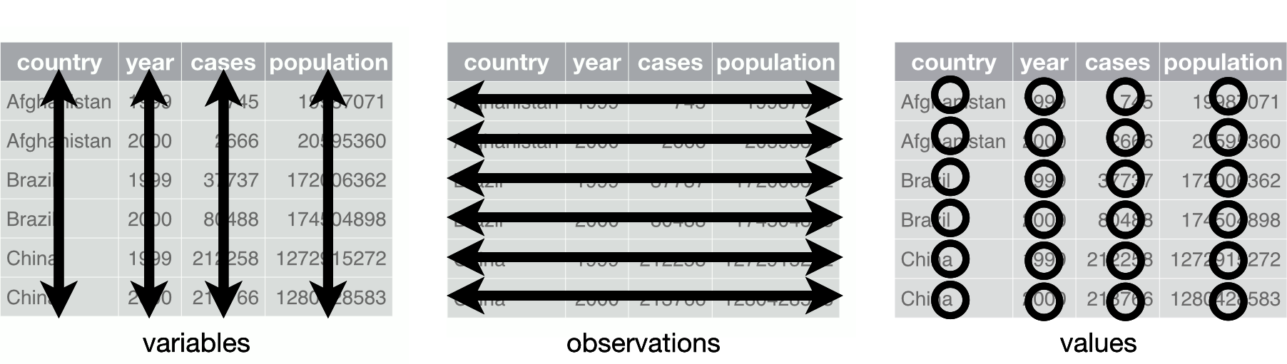 Following three rules makes a dataset tidy: variables are in columns, observations are in rows, and values are in cells. From *R for Data Science* by Hadley Wickham and Garret Grolemund