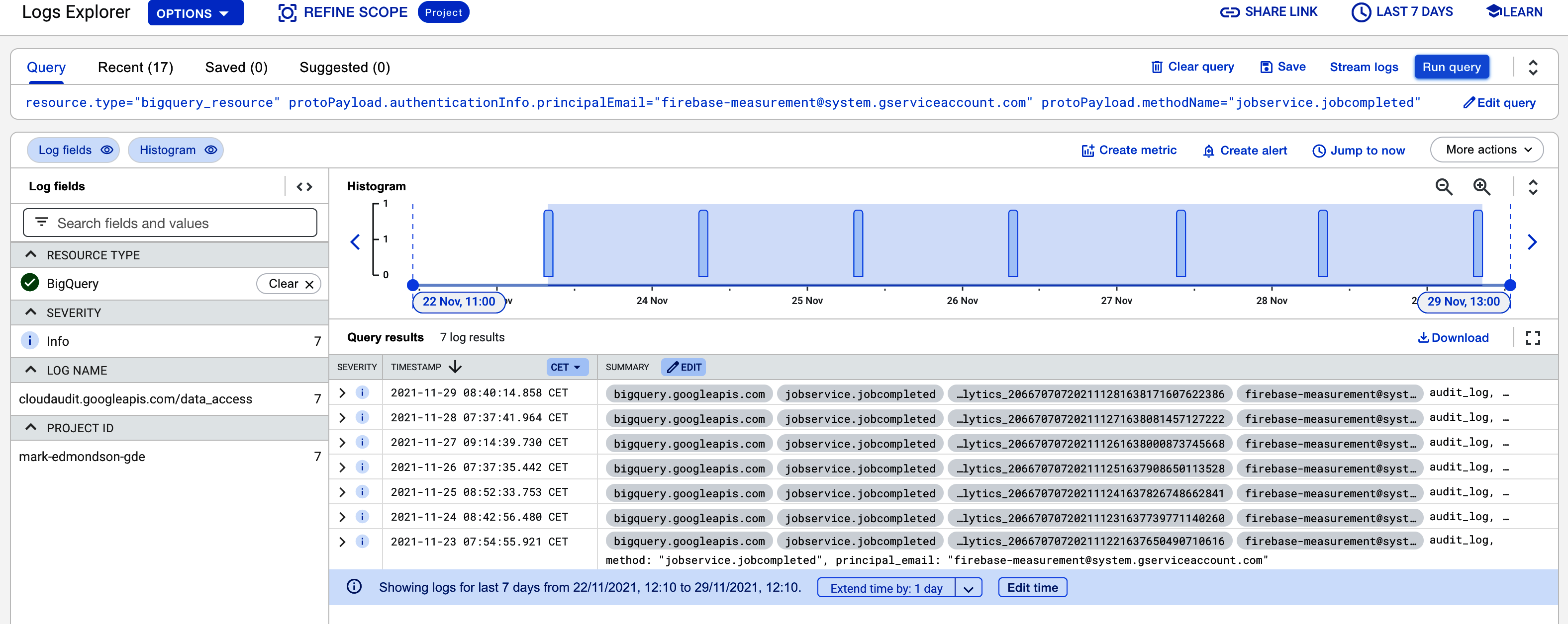 A Cloud Logging filter for seeing when your GA4 BigQuery exports are ready. We shall use this to create a Pub/Sub topic.