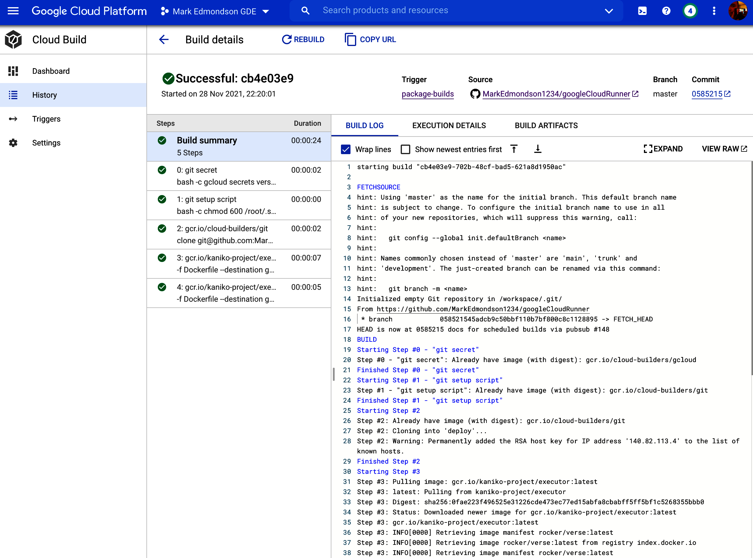 A Cloud Build that has successfully built within the Google Cloud Console.