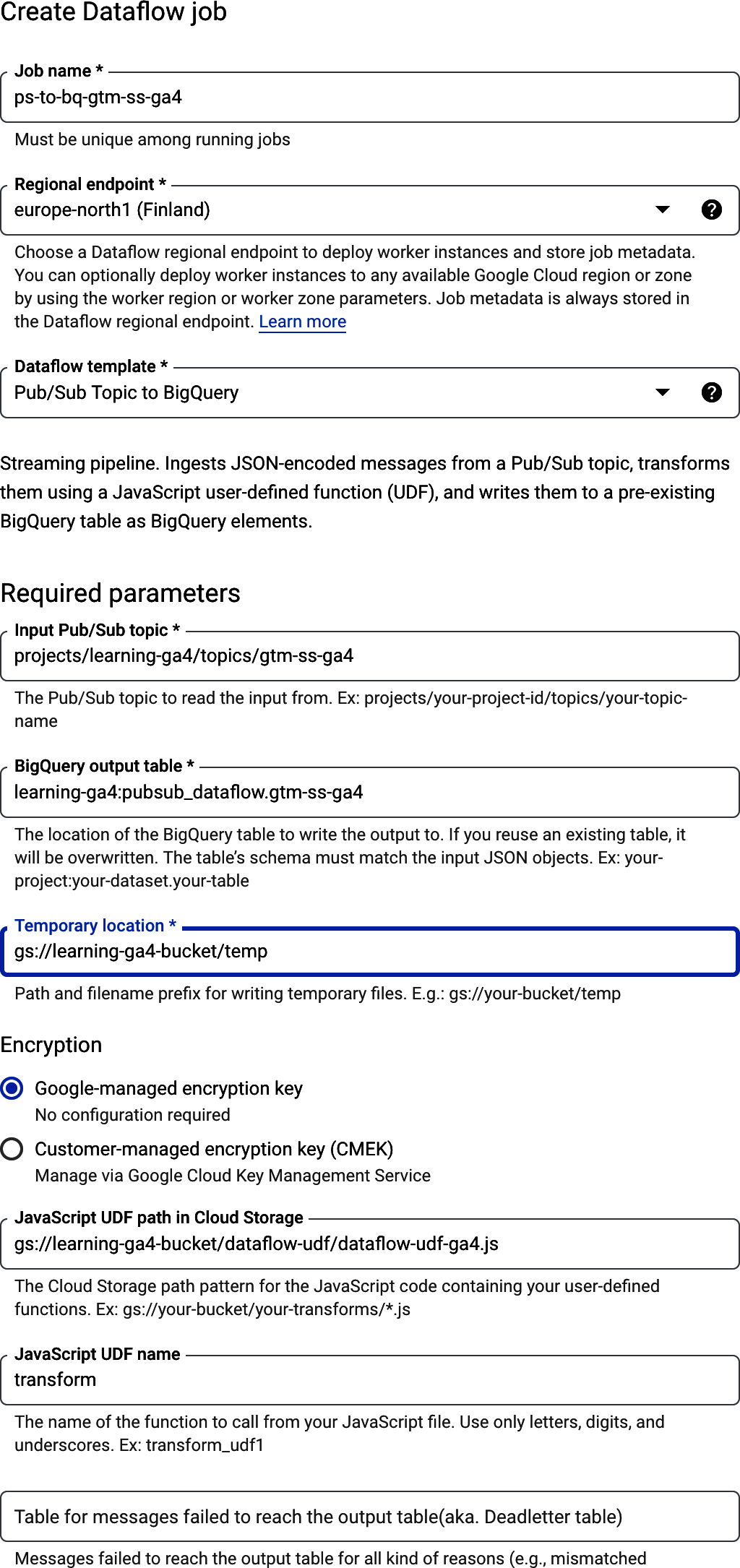 Setting up a Dataflow from within the Google Cloud Console for a Pub/Sub topic into BigQuery via the pre-defined template