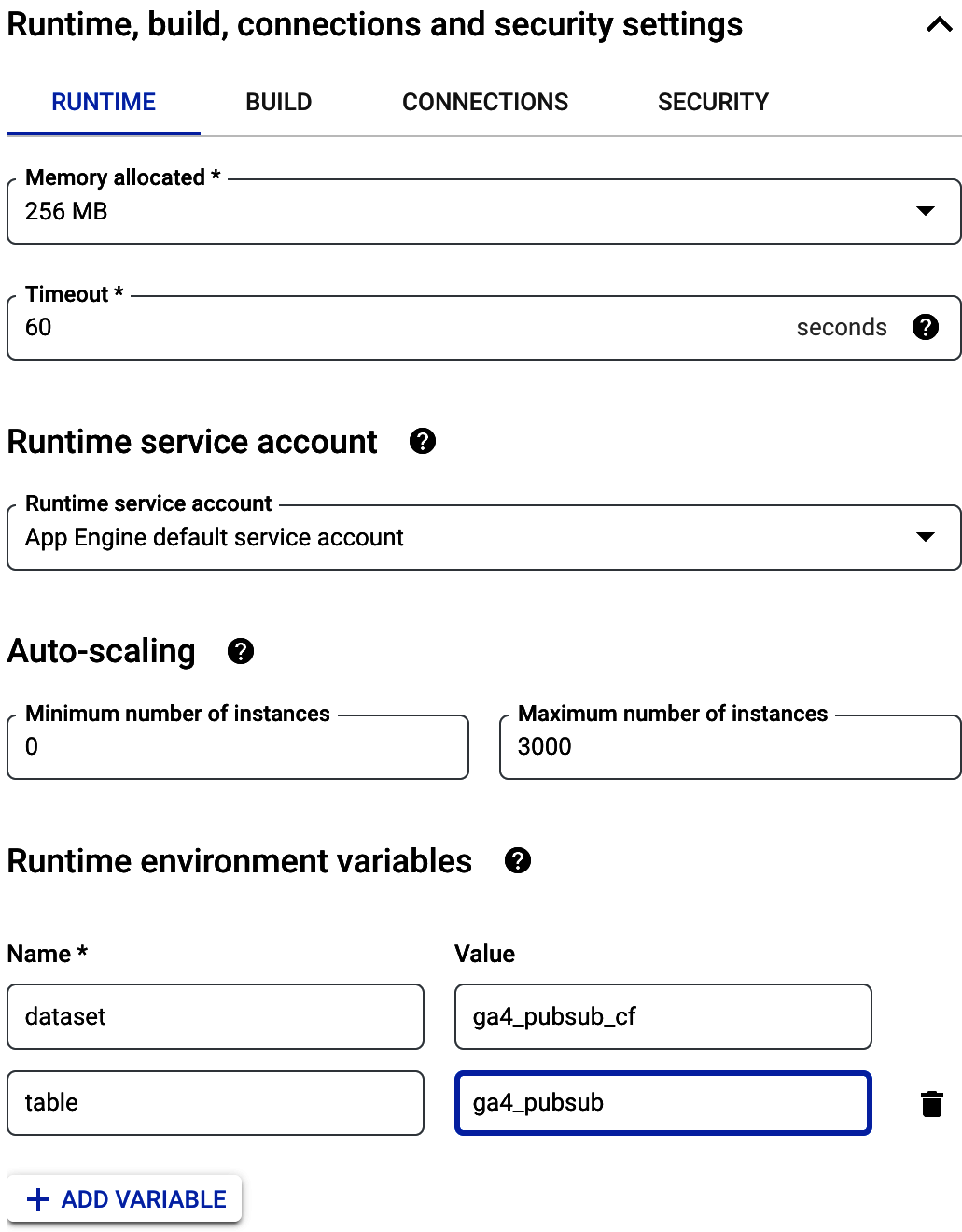 Setting the environment arguments for use within the cloud function