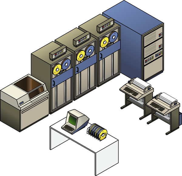 An illustration of a mainframe computer with a cathode-ray tube terminal.