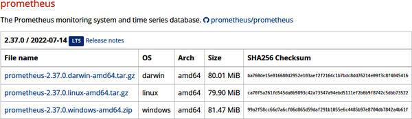 A fragment of the Prometheus download page.