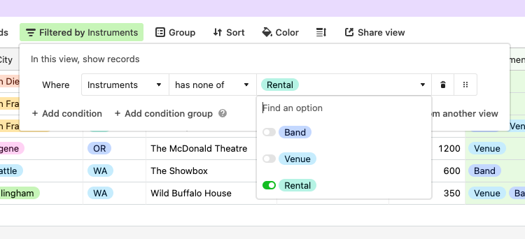 Using the “has none of” operator on a Multiple select field.