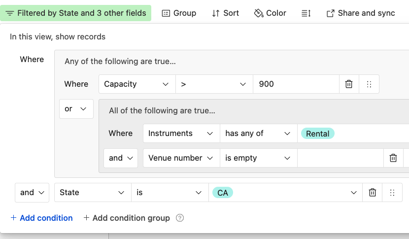 A filter with a condition group inside of another condition group.