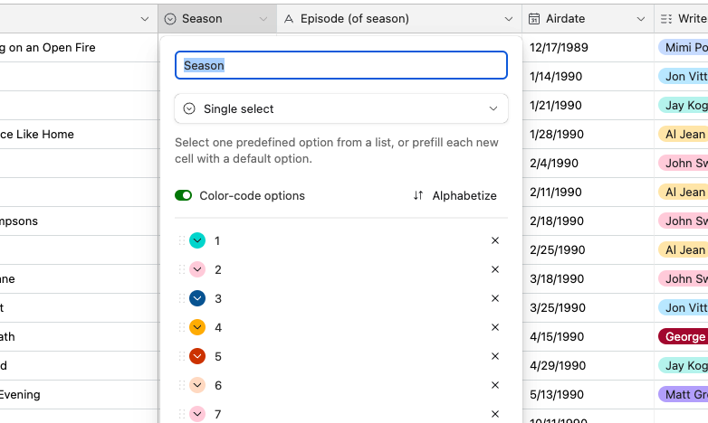 In a Single select or Multiple select field, the order the options are listed in the field customization menu determines the order they appear when sorted.