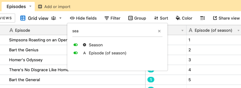 Typing a search query into “Find a field” at the top of the “Hide fields” menu.