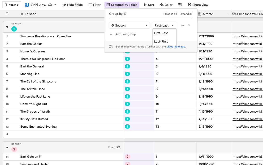 Grouping records by a Single select field.