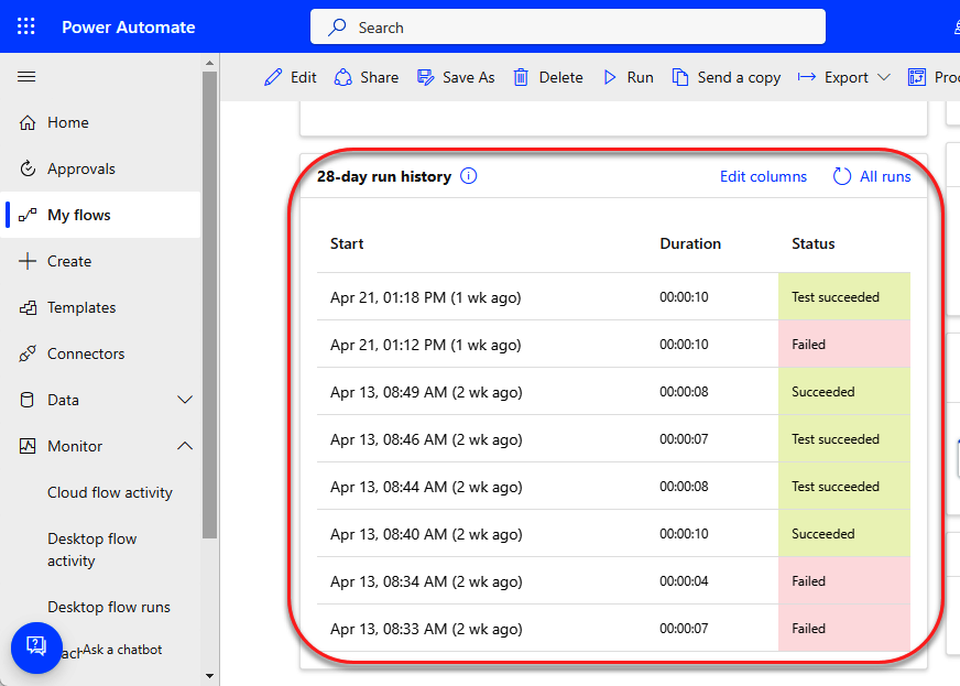 Flow run history logs