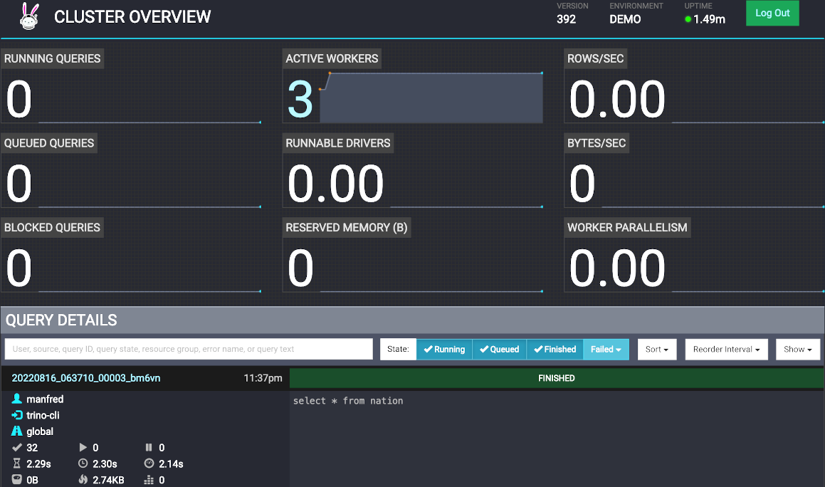 Trino WebUI main dashboard