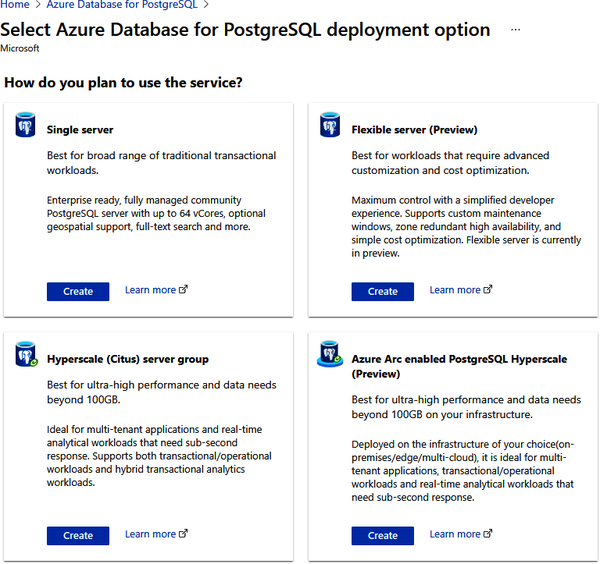 Azure Database for PostgreSQL options