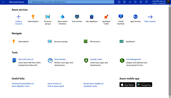 The Azure Portal main screen