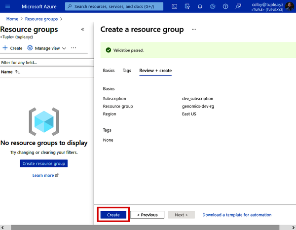 Creating a resource group after passing the validation checks