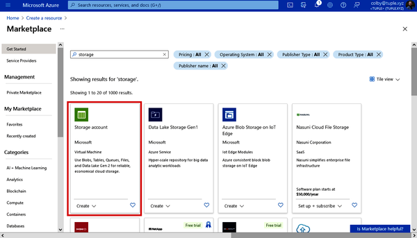 Finding storage accounts from the Azure Marketplace