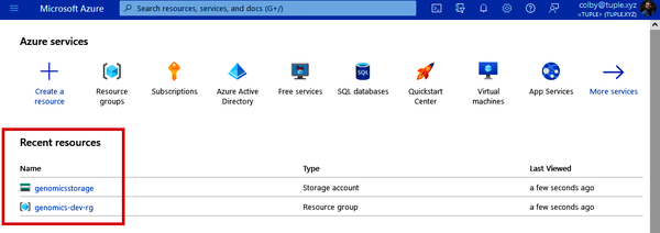 Recently used or provisioned resources shown on the Azure Portal