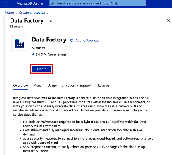 Creating an Azure Data Factory resource from the Azure Marketplace