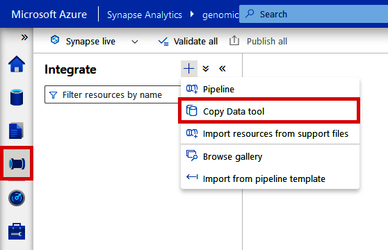 Locating the Copy Data tool from Azure Synapse Analytics