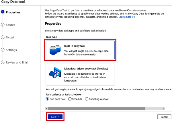 Selecting the Built-in copy task in the Copy Data tool