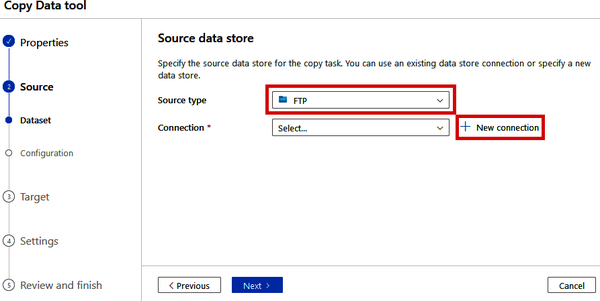 Specifying an FTP source in the Copy Data tool