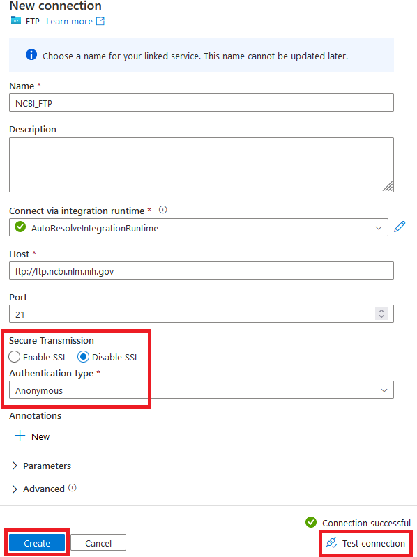 Configuring an FTP source to the NCBI FTP server