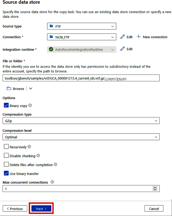 Configuring the FTP source to a specific compressed VCF file