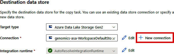 Selecting your data lake connection in the Copy Data tool