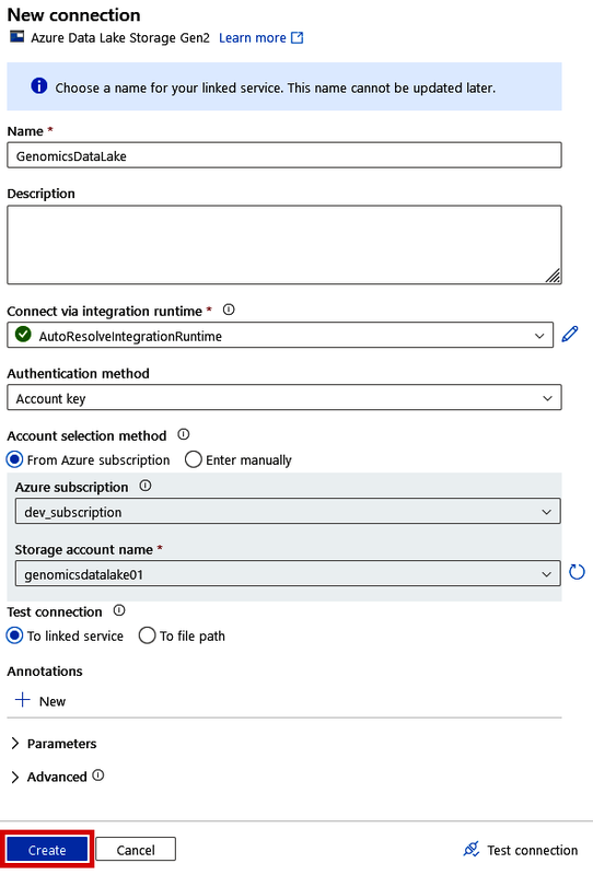 Creating a connection to your data lake in the Copy Data tool