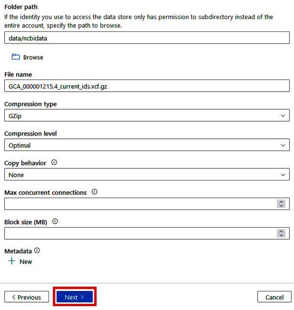 Specifying the data lake destination in the Copy Data tool