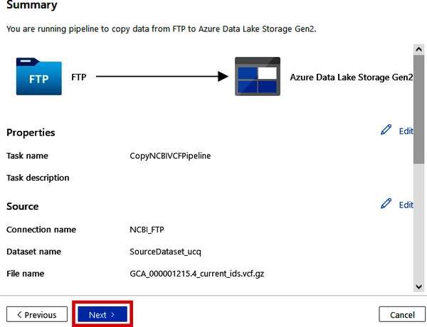 Reviewing the Copy Data pipeline settings