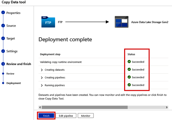 Completing the deployment of the Copy Data pipeline