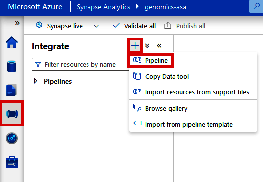 Creating a new Pipeline from Azure Synapse Analytics Workspace