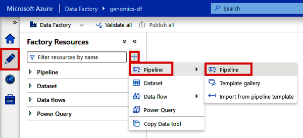 Creating a new Pipeline from Azure Data Factory